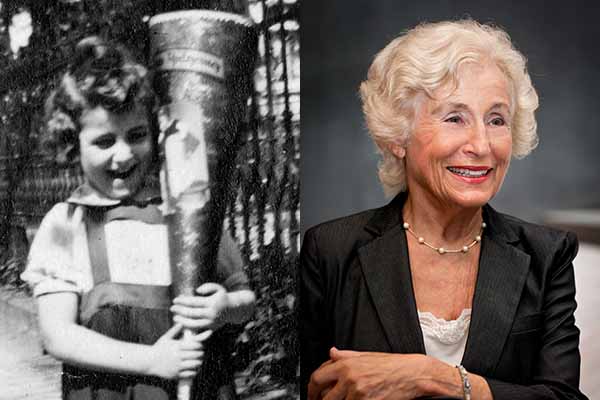 Holocaust survivor Susan Warsinger on her first day of school (courtesy of Susan Warsinger) and as an adult, today. US Holocaust Memorial Museum