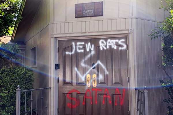 Antisemitic grafitti at a synagogue in Huntsville, Alabama, on April 8, 2020—the first night of Passover. WAAYTV