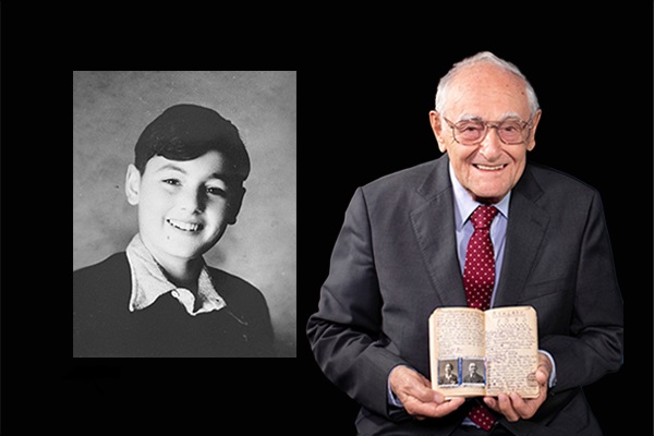 Holocaust survivor Peter Feigl (courtesy of Peter Feigl) in 1943, and as an adult, in 2022, holding one of the diaries he wrote during World War II. US Holocaust Memorial Museum
