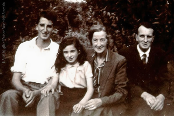 Esther (second from left), with the British family who took her in. Left to right: Alan, Dot, and Harry Harrison. USHMM, gift of Esther Rosenfeld Starobin