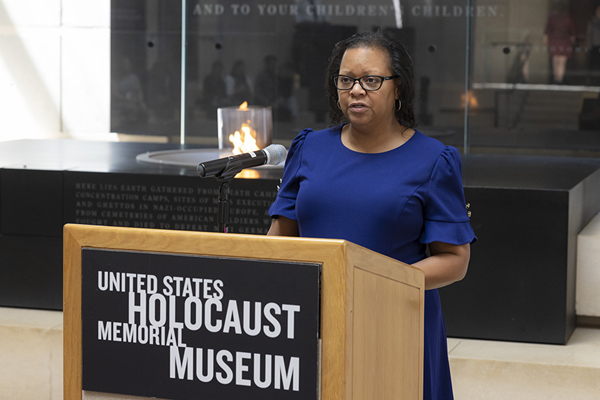 On April 19, 2023, visitors from the Archdiocese of Washington and Catholic school students read names in the Hall of Remembrance. USHMM