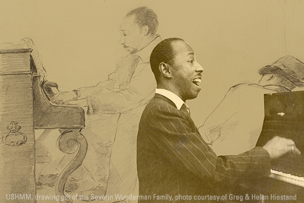 (Foreground) Freddy Johnson, an American jazz musician who was interned in Tittmoning from January 1942 until February 1944, plays the piano. US Holocaust Memorial Museum, courtesy of Greg &amp; Helen Hiestand; (Background) A drawing of a man playing the piano by artist Josef Nassy, who also was interned in Tittmoning. US Holocaust Memorial Museum, gift of the Severin Wunderman Family 