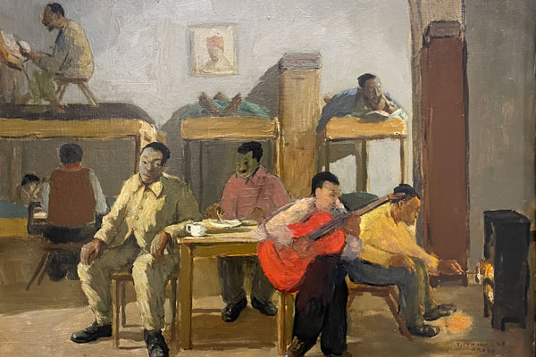 Painting by Josef Nassy of the Tittmoning camp in Nazi Germany, where he was interned, 1943. US Holocaust Memorial Museum, gift of the Severin Wunderman family; Photography by Sarah Phillips Casteel