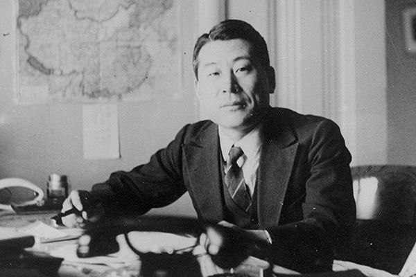 Chiune Sugihara sits at a desk in his office in China (1933&ndash;34). Later, as the vice-consul for Japan in Lithuania, he issued more than 2,000 transit visas to Japan, which permitted Jewish Europeans to flee the Nazi threat. Courtesy Mr. Nobuki Sugihara